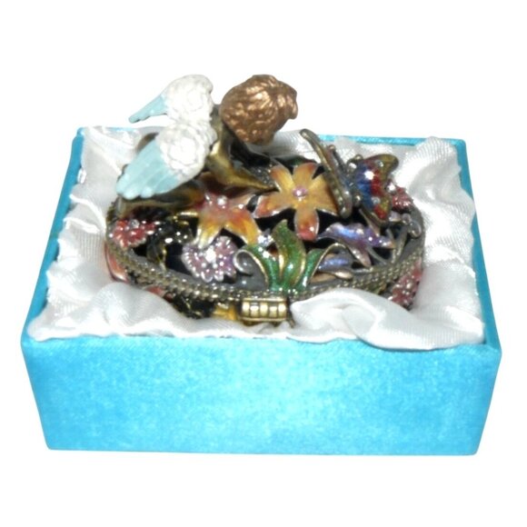 Angel Trinket Box Hand-Painted Floral Desgn Hinged Lid Blue Satin-Lined Gift Box - Picture 7 of 11